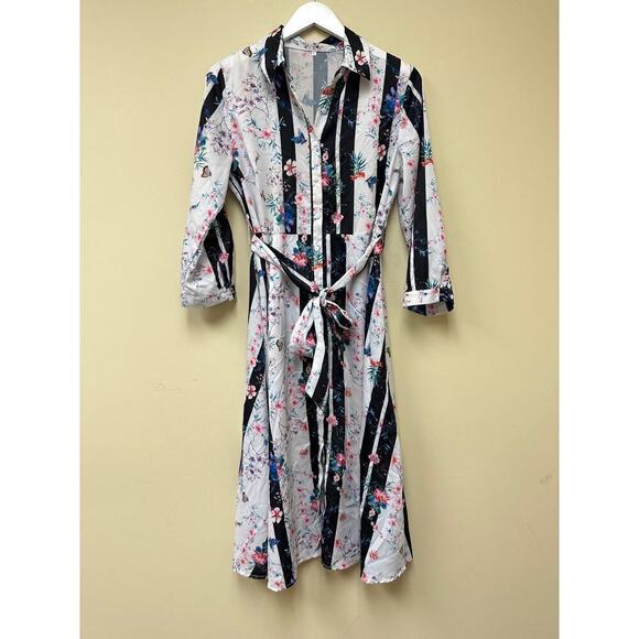 Shein Size Large Striped Floral Print Belted Button Down Midi Shirt Dress Boho - Picture 2 of 13